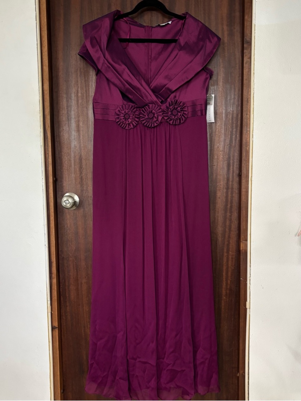 Plum V-Neck Maxi Dress with Rosette Waist Accent NWT